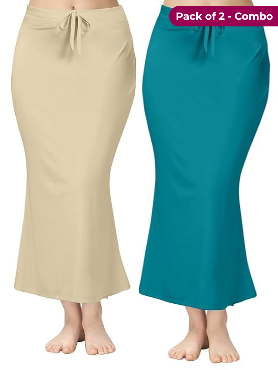 Pack of 2 Beige & Peacock Green  Comfort Lycra 4 Way Fabric Saree Shapewear For Women