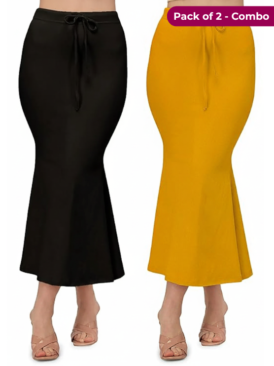 Pack of 2-Black-Mustard-Comfort Lycra 4 Way Fabric Saree Shapewear For Women