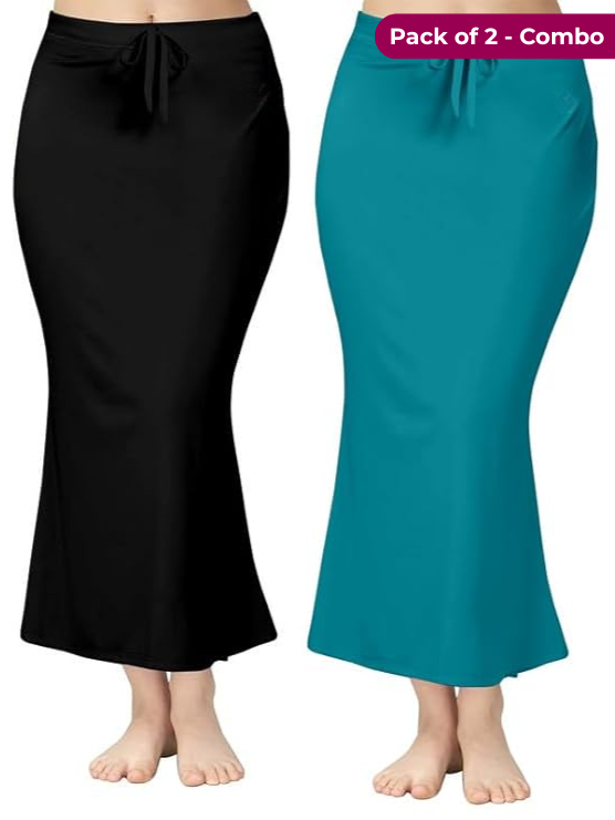 Pack of 2-Black-Peacock Green Blue-Comfort Lycra 4 Way Fabric Saree Shapewear For Women