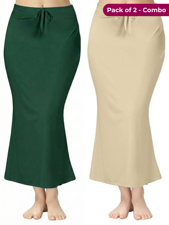 Pack of 2 Dark Green & Beige Comfort Lycra 4 Way Fabric Saree Shapewear For Women