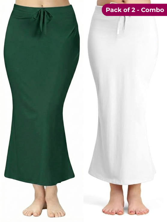 Pack of 2 Dark Green & White Comfort Lycra 4 Way Fabric Saree Shapewear For Women