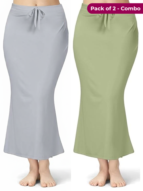 Pack of 2-Light Green Pista & Grey Comfort Lycra 4 Way Fabric Saree Shapewear For Women