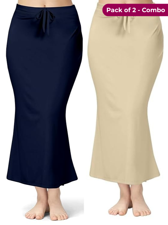Pack of 2-Navy Blue-Beige-Comfort Lycra 4 Way Fabric Saree Shapewear For Women