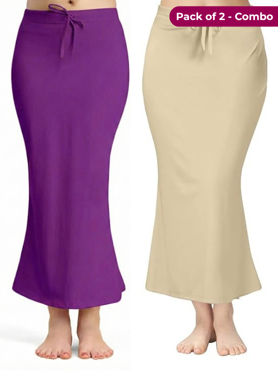 Pack of 2 - Purple & Beige Comfort Lycra 4 Way Fabric Saree Shapewear For Women