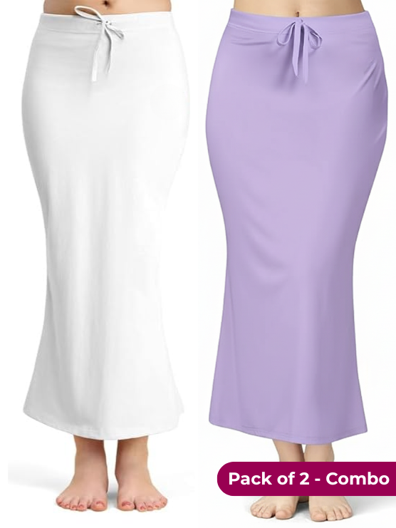 Pack of 2 - White & Lavender Comfort Lycra 4 Way Fabric Saree Shapewear For Women