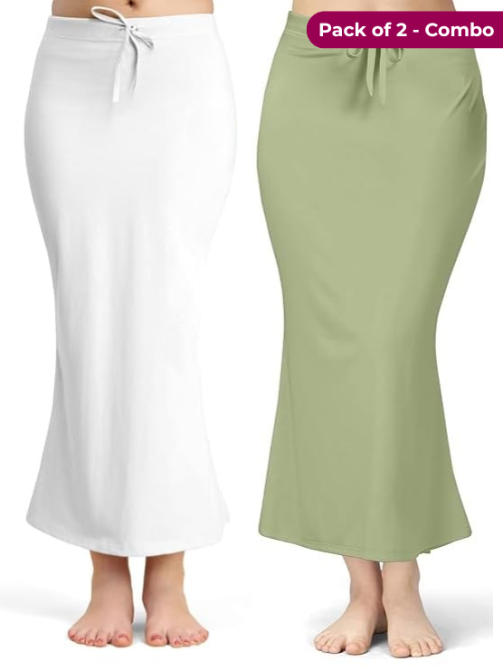 Pack of 2 White & Light Green Pista Comfort Lycra 4 Way Fabric Saree Shapewear For Women