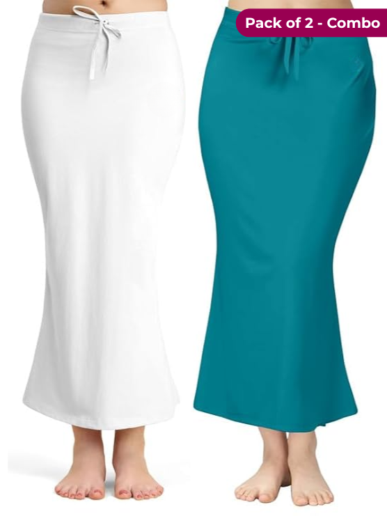 Pack of 2 White & Peacock Green Comfort Lycra 4 Way Fabric Saree Shapewear For Women