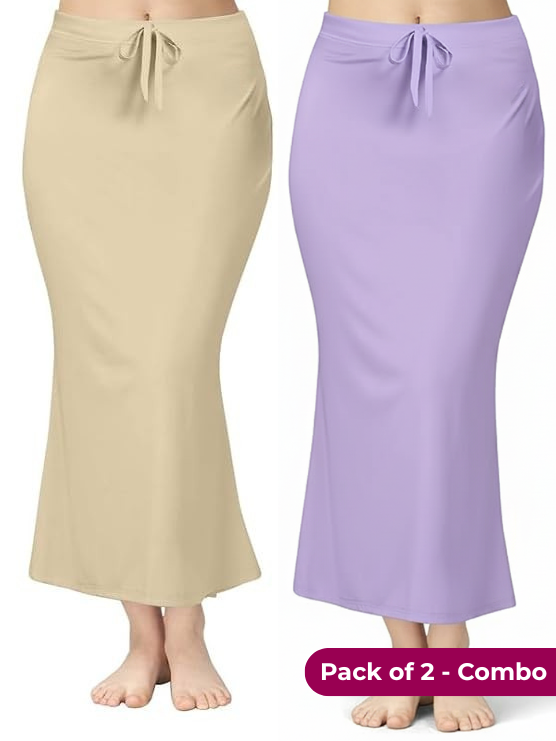 Pack of 2 - Beige & Lavender Comfort Lycra 4 Way Fabric Saree Shapewear For Women