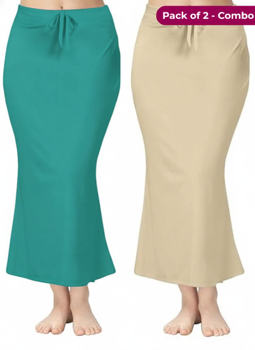 Pack of 2 Dark Aqua & Beige Comfort Lycra 4 Way Fabric Saree Shapewear For Women