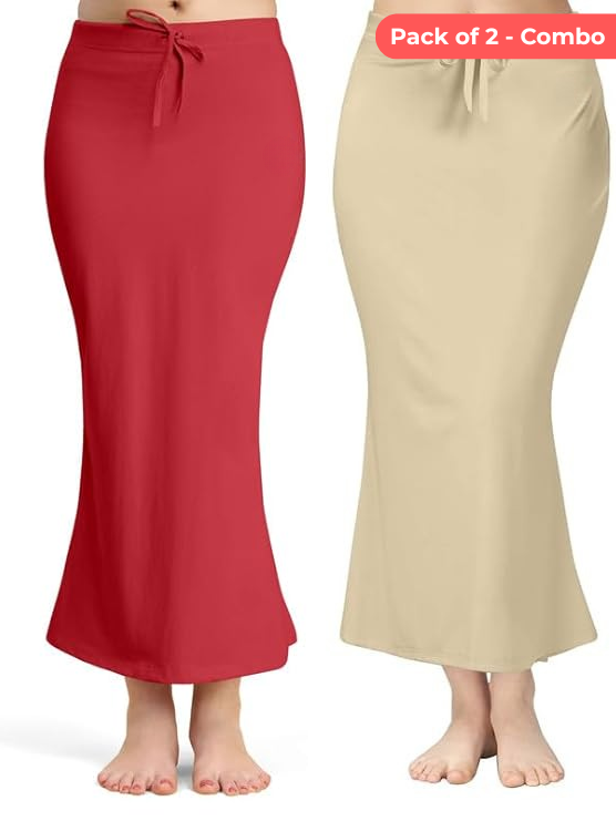 Pack of 2-Red-Beige-Comfort Lycra 4 Way Fabric Saree Shapewear For Women