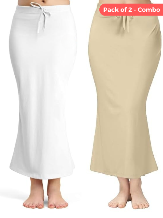 Pack of 2 White & Beige Comfort Lycra 4 Way Fabric Saree Shapewear For Women (Pack Of 2)